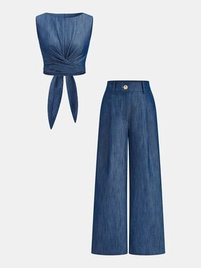 Commense Blue Tie-Front Crop Top & Wide-Leg Pants Set
